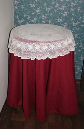 Wooden Occasional Table 19.5' Diam With Burgundy Tablecloth And Beautiful Topper