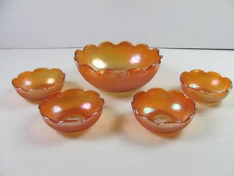 Marigold Carnival Glass Serving Bowl Plus 4 Individual
