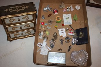 Many Lapel Pins, 2 Sm Jewelry Boxes And 3 Drawer Wooden Jewelry Box. Music Box May Not Work