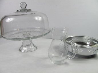 Anchor Hocking 2 Pc Footed Glass Cake Set, Pyrex Dish W/silver Colored Carrier, Sm Etched Pitcher