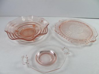 3 Vintage Pink Depression Glass, Wavy Footed, Cake Plate, Candy Dish