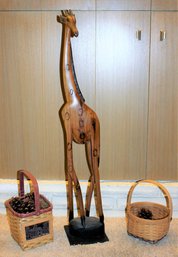 Wood Giraffe 38.5 Tall Made In Africa With Two Small Baskets