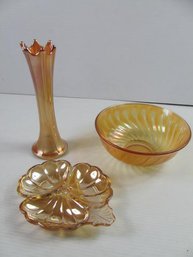 2 Marigold Carnival Iridescent Pieces - Vase, Bowl & Jeanette Divided Dish