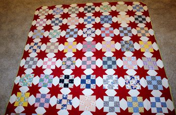 Hand Stitched Quilt 74x81-no Tears Or Stains, Red Stars With Squares-beautiful