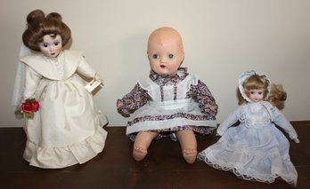 3 Dolls, 1 Danbury Mint Bride 13',  17' Vintage Open/shut Eyes, 2 Teeth, Appears To Have Need Repaired