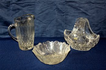 Heavy Lead Crystal Dish With Handle, Heavy Pitcher, Glass Bowl