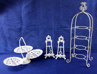 Off-white Lot-four Tier Shelf, Two Ornate Easels, Clam Type Dish