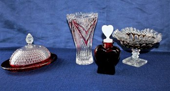 Vintage Indiana Glass Diamond Point Ruby Butter Dish, Beautiful Vase, Westmoreland Glass Dish