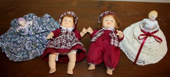 2 Vinyl Dolls W/ Pellet Bodies Plus 2 Porcelain Doll Heads W/no Legs But Pretty Dresses