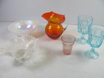 Pretty Glassware-pink Juice Glass, Orange Pitcher, Ruffled Edge, Bowl Has Blue Tint, Iridescent Bowl,2 Glasses