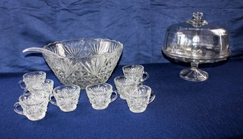 Lidded Cake Plate And Punch Bowl And Eight Glasses With Plastic Ladle