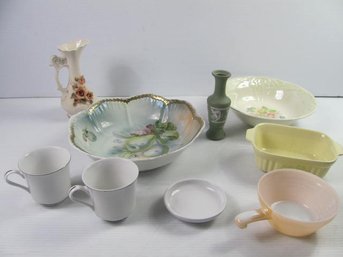 Misc Glassware, 2 Noritake Crown Victoria Cups, Floral Bolvaria Bowl, Handled Fire King Bowl, Lefton Vase