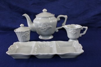 Sage Teapot With Sugar And Creamer Plus Divided Dish-has Chip