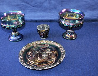 A Pair Of Indiana Carnival Glass Kings Crown Blue Iridescent Bowls And Fenton 8-in Christmas 1979 Plate