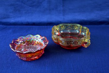 Fenton Carnival Glass Scalloped Grapevine Candy Dish, Aztec Rose Amberina Carnival Glass Dish With Handles