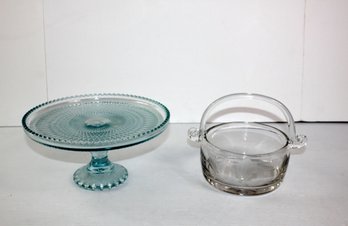 Vintage Pedestal Jeanette Glass 10'd Cake Platter And 6'd Heavy Glass Basket With Floral Etched Design