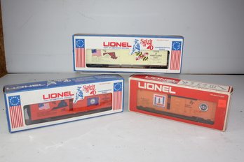 Three Lionel Train Cars - 2 Are Spirit Of 76 Train Cars-new