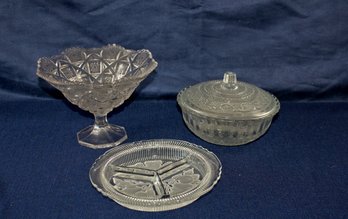 3 Glass Pieces, Kig Malaysia Pressed Glass Bowl With Lid, Divided Fruit Bowl, Westmoreland Pedestal Dish