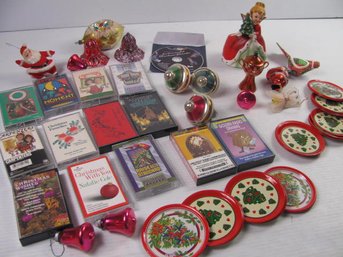 Vintage Christmas And Cassette Tapes, Napco Angel, Coasters, Few Ornaments