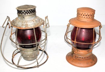 2 Vintage Railroad Lanterns - Brass Looking One Has No Markings, See Descriptions
