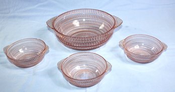 Vintage Pink Depression Glass Bowl With Handles (chip On Handle) & 3 Sm Bowls.  Some Damage