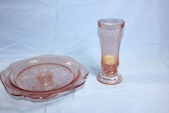 Vintage Pink Depression Footed Cake Plate And Tall Depression Pink Candle Holder