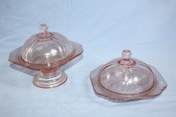 2 Covered Vintage Pink Depression Glass Dishes, Small Chip On One Lid