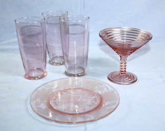 Misc Vintage Pink Depression Glass Dishes, Sm Plate, 3 Glasses And A Ridged Glass