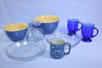 2 Cobalt Blue Glass Mugs, 2 Pie Plates, 2 Nice Mixing Bowls, Coffee Cup