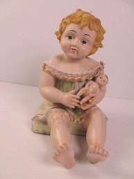 Large Vintage German Bisque Piano Baby Holding Doll-  12 In Tall