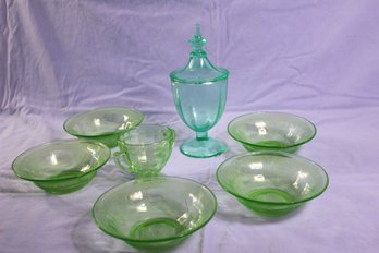 Green Uranium Glass, 1 Sherbet, Dish, 5 Small Bowls And A Covered Candy Dish (sm Chip On Lid)