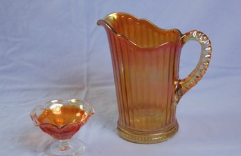 Vintage Marigold Carnival Glass Ribbed Pitcher And Small Sherbet Bowl