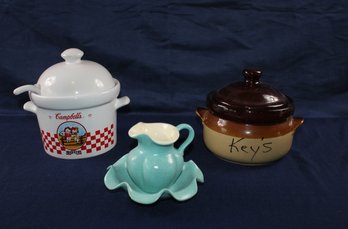 Campbell's Soup Tureen, Crock, Teal Small Pitcher With Bowl-small Chip