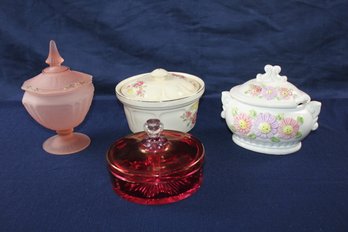 Vintage Cranberry Divided Dish, Hocking Mayfair Pink Covered Candy Dish- Small Chips On Lid