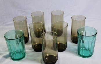 7 Brown Water Glasses, 2 Aqua Glasses