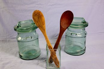 2 Large Glass Lidded Canisters And Spoon Holder