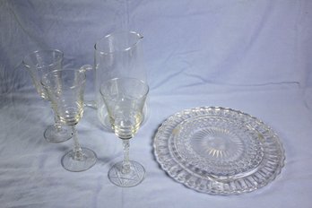 3 Vintage Clear Wine Glasses, Cake Plate, Lightweight Pyrex Pitcher