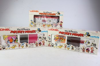 3 Lionel O GA Mickey Mouse Express, Cinderella Car, Caboose, Pluto Car, New In Boxes