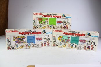 3 Lionel O GA Mickey Mouse Express Alice In Wonderland Boxcar, Bambi Boxcar, Pinocchio Car, New In Boxes