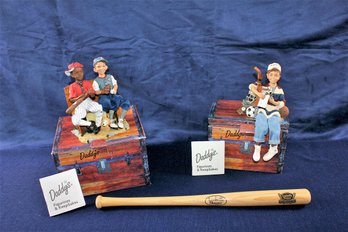 Two Daddies Figurines - New In Box -coach And Buster & Butch Plus Miniature Louisville Slugger Bat