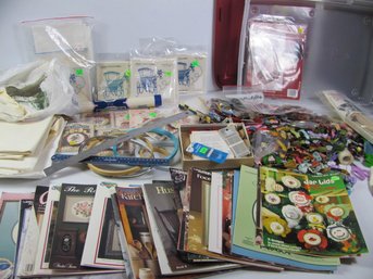 Crisscross Delight-  Large Tote Full Of Cross Stitch Books, Supplies, Thread, Fabric, Kits, Hoops, Rulers