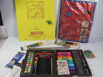 New Art Supply Set In Box, Sketch Pads, Nice Paint Brush Sets, Stencils, Ruler