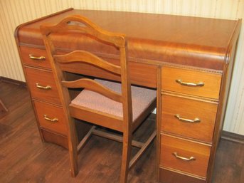 Vintage Waterfall Seven Drawer Desk With Nice Cloth Cushion Chair 42 X 20 X 30.5 Tall