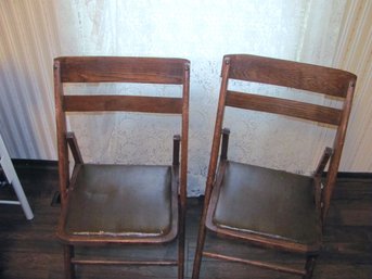 Two Solid Wood Vintage Folding Chairs With Padded Seats