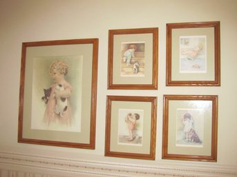 Five Framed Children Prints, One Is 17.5 X 21.5, 4 Are 9.5 X 11.5