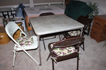 Samsonite Card Table And Four Chairs-small Cut On Top Of Table- Chairs Are Not Samsonite