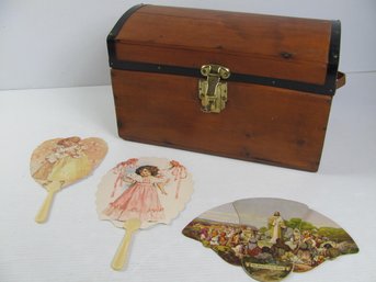 Vintage Wooden Storage Box With Key And Pull Out Shelf, Has Been Relined And 5 Paper Fans