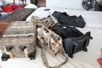 Three Piece Animal Print Luggage And Backpack On Wheels -Small Tear In Suitcase Liner