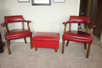 Two Very Nice Red Arm Chairs With Footstool-has Some Repairs
