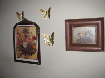 Two Floral Wall Hangings With Three Metal Butterflies